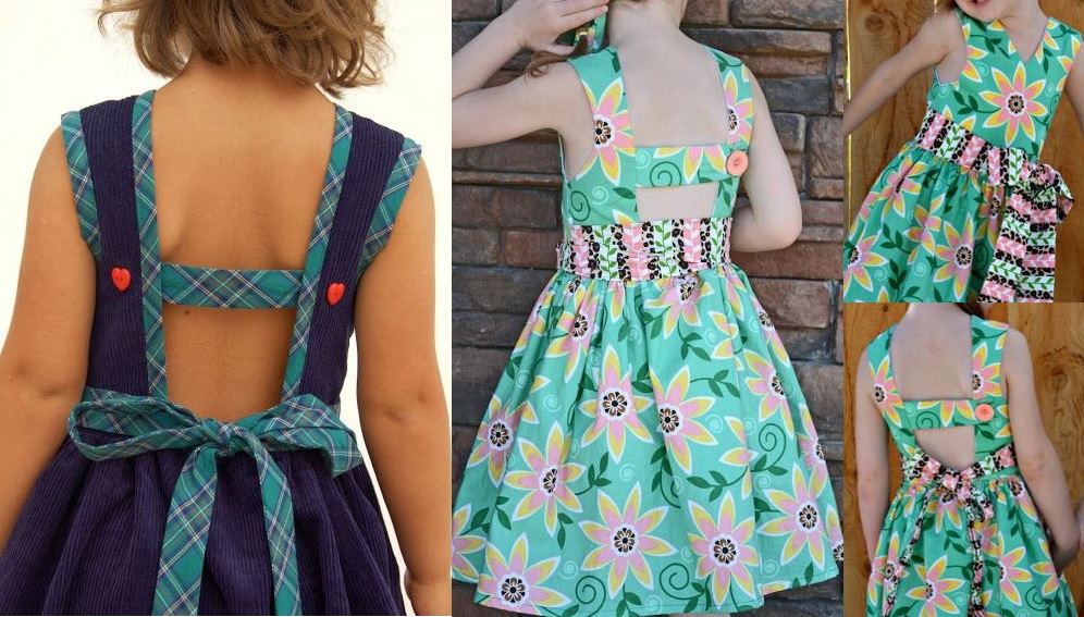 Esquema de modelagem de vestido com decote nas costas para crianças de 6 meses a 14 anos.