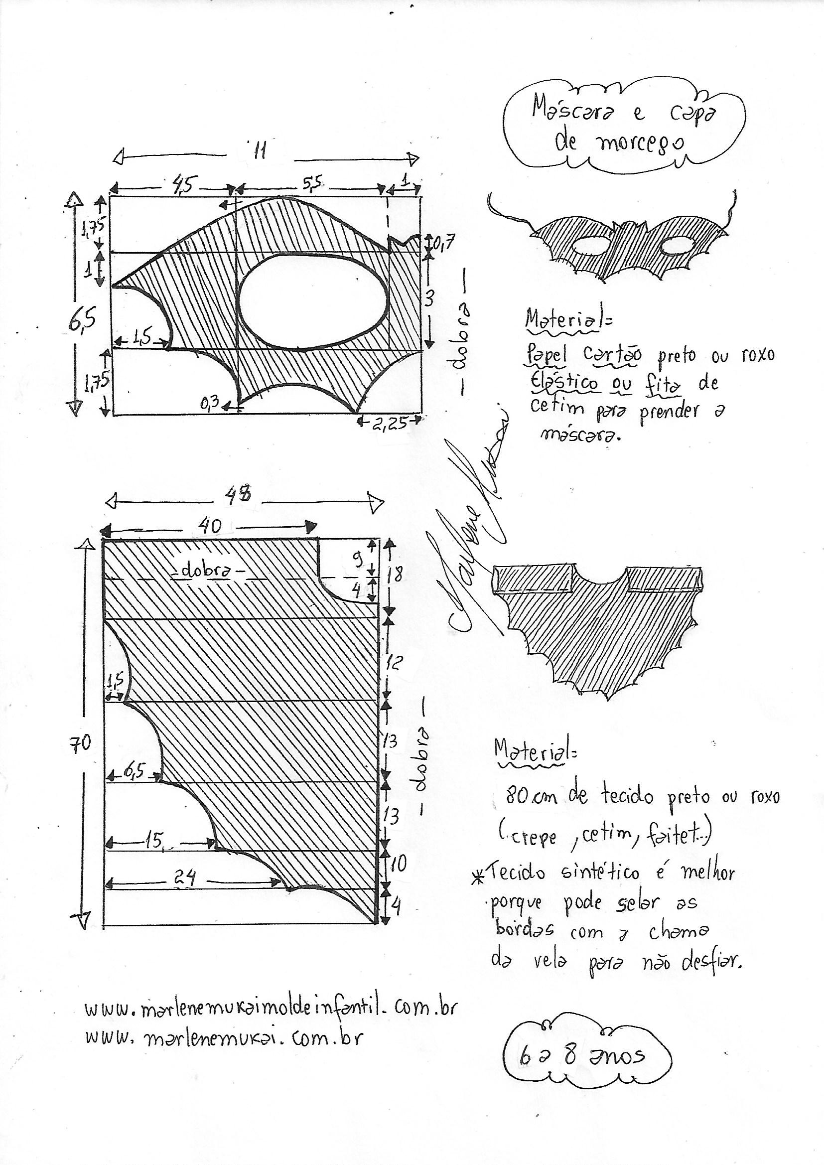 Capa e máscara de morcego halloween - DIY- marlene mukai - molde infantil