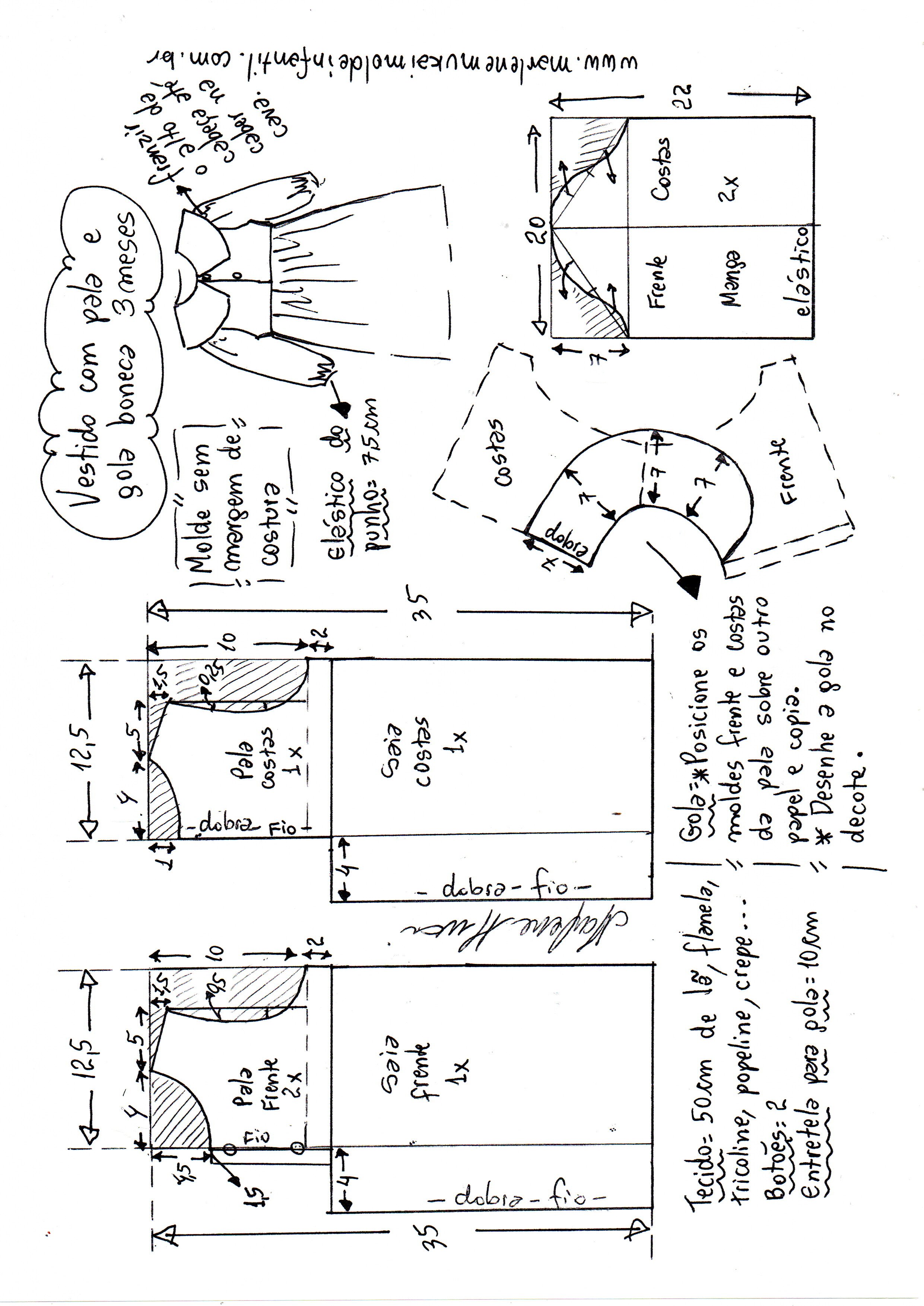 Vestido evasê com prega e gola boneca - DIY- marlene mukai - molde